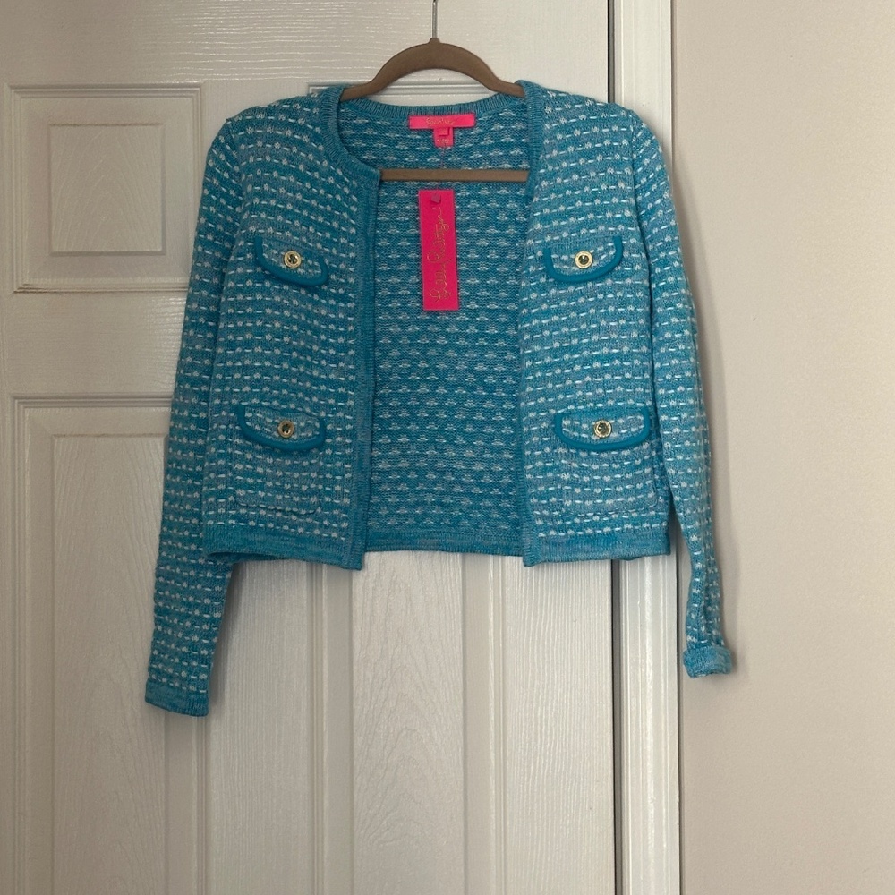 Brand New Lilly Pulitzer Kienna Cardigan Cumulus Blue XS Preppy Cropped - Picture 2 of 8